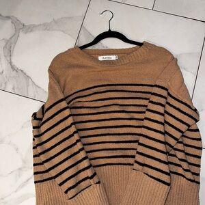Ambiance Tan and Black Crew Neck Sweater with Bold Stripes